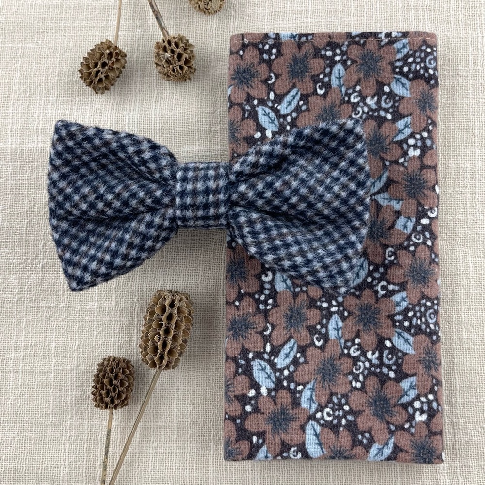 Men’s Tartan Check Wool Bow Tie & Brown Floral Pocket Square Set